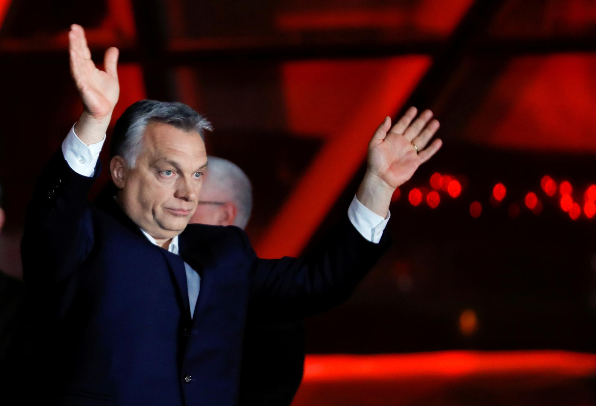 Hungarian Prime Minister Viktor Orban addresses the supporters after the announcement of the partial results of parliamentary election in Budapest