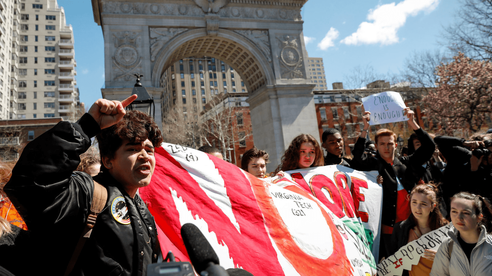 Students gather for a rally in Washington Square Park, as part of a nationwide walk-out of classes to mark the 19th anniversary of the Columbine High School mass shooting, in New York City on April 20, 2018.