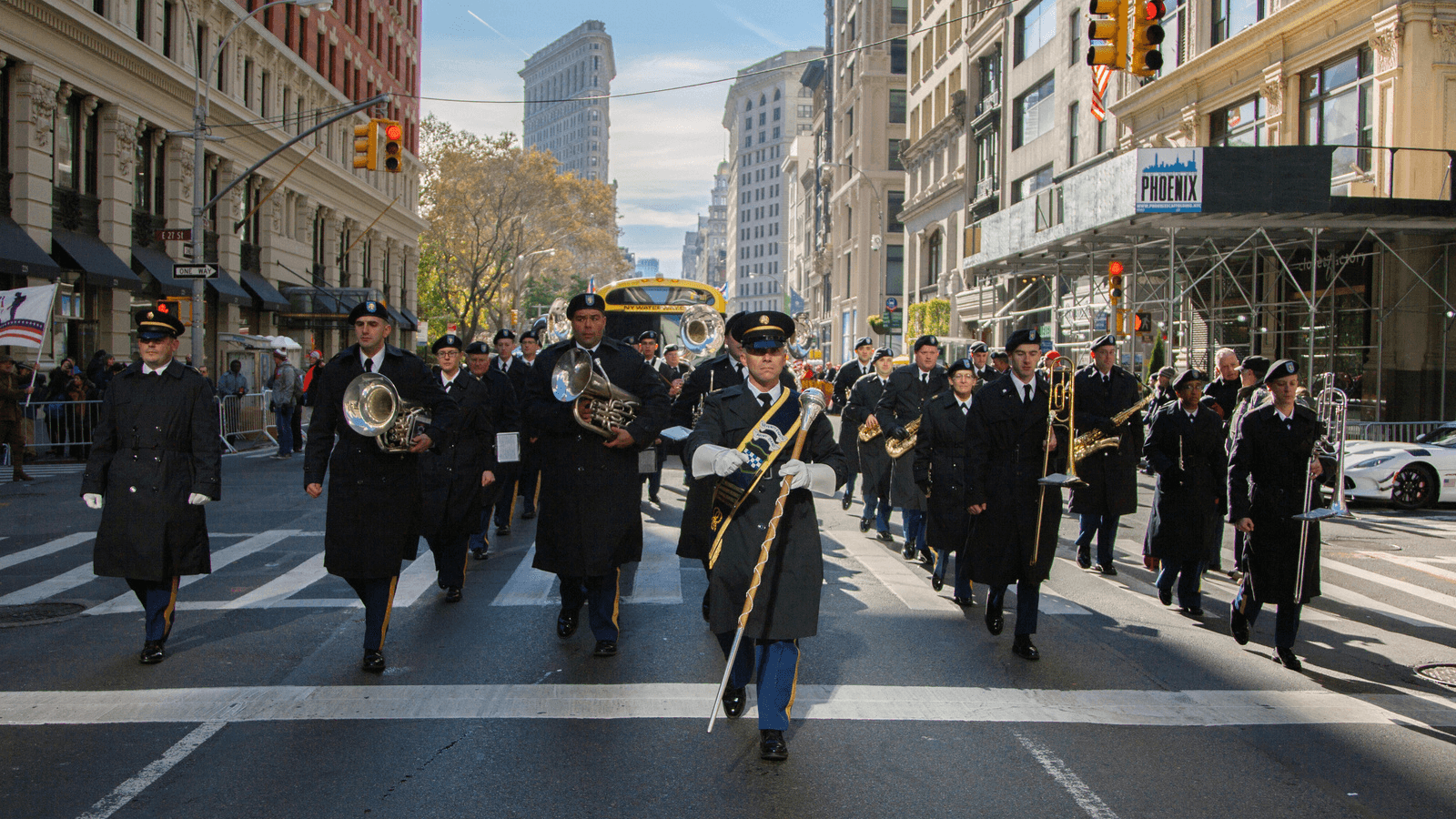 Brian Endlein (C), of the US Army Reserve 78th Army Band, leads the band in marching during the annual New York City Veterans Day Parade in New York, Nov. 11, 2017.