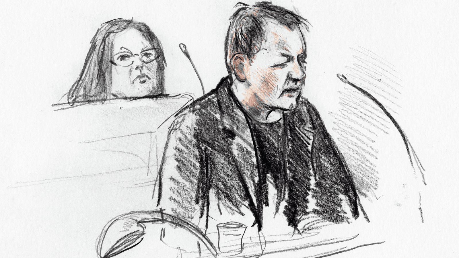 A courtroom sketch shows Peter Madsen during the trial regarding the killing of Swedish journalist Kim Wall, in Copenhagen, Denmark, on April 25, 2018. 