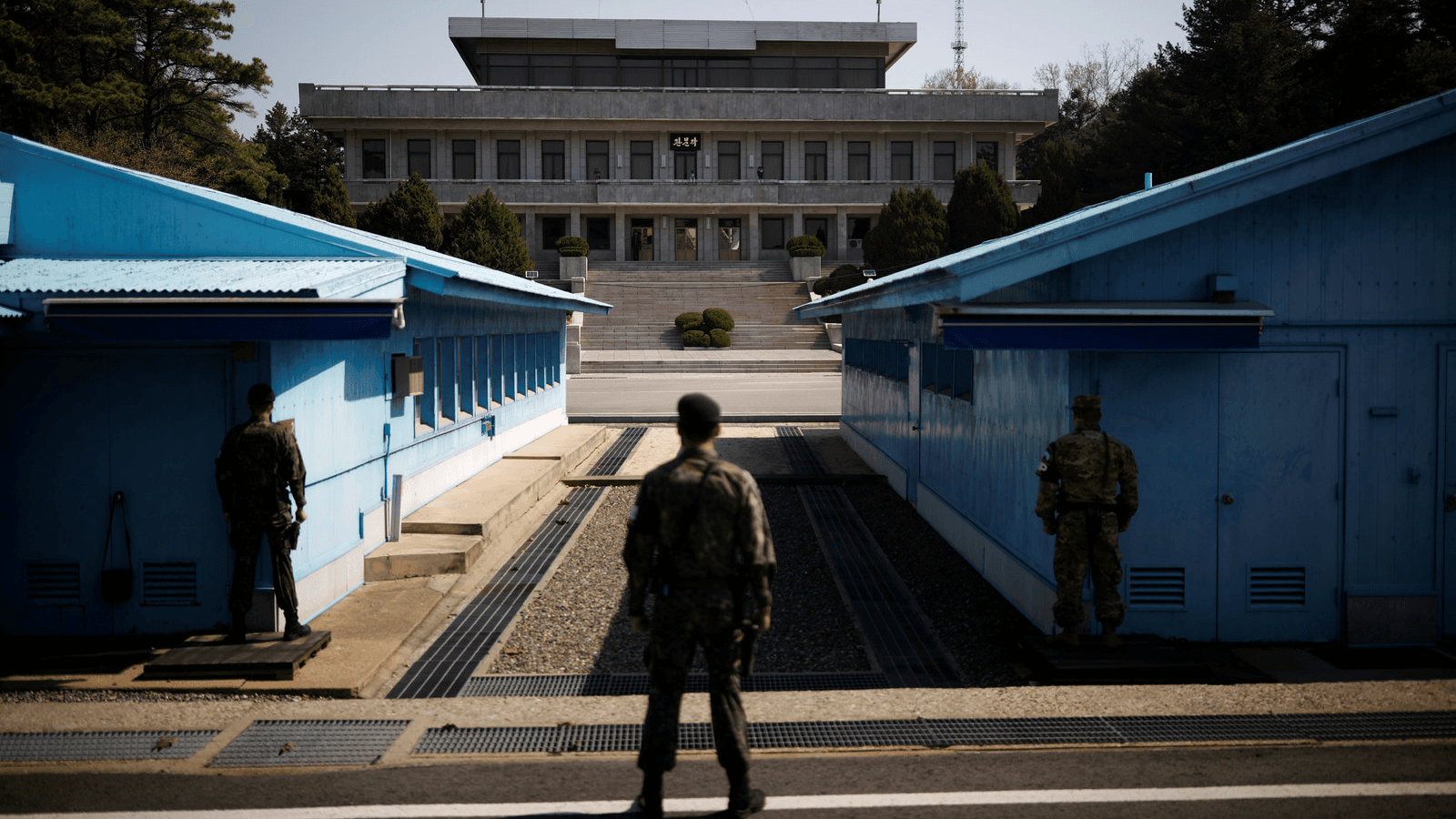 South Korean soldiers stand guard at the truce village of Panmunjom inside the demilitarized zone (DMZ) separating the two Koreas, South Korea, April 18, 2018.