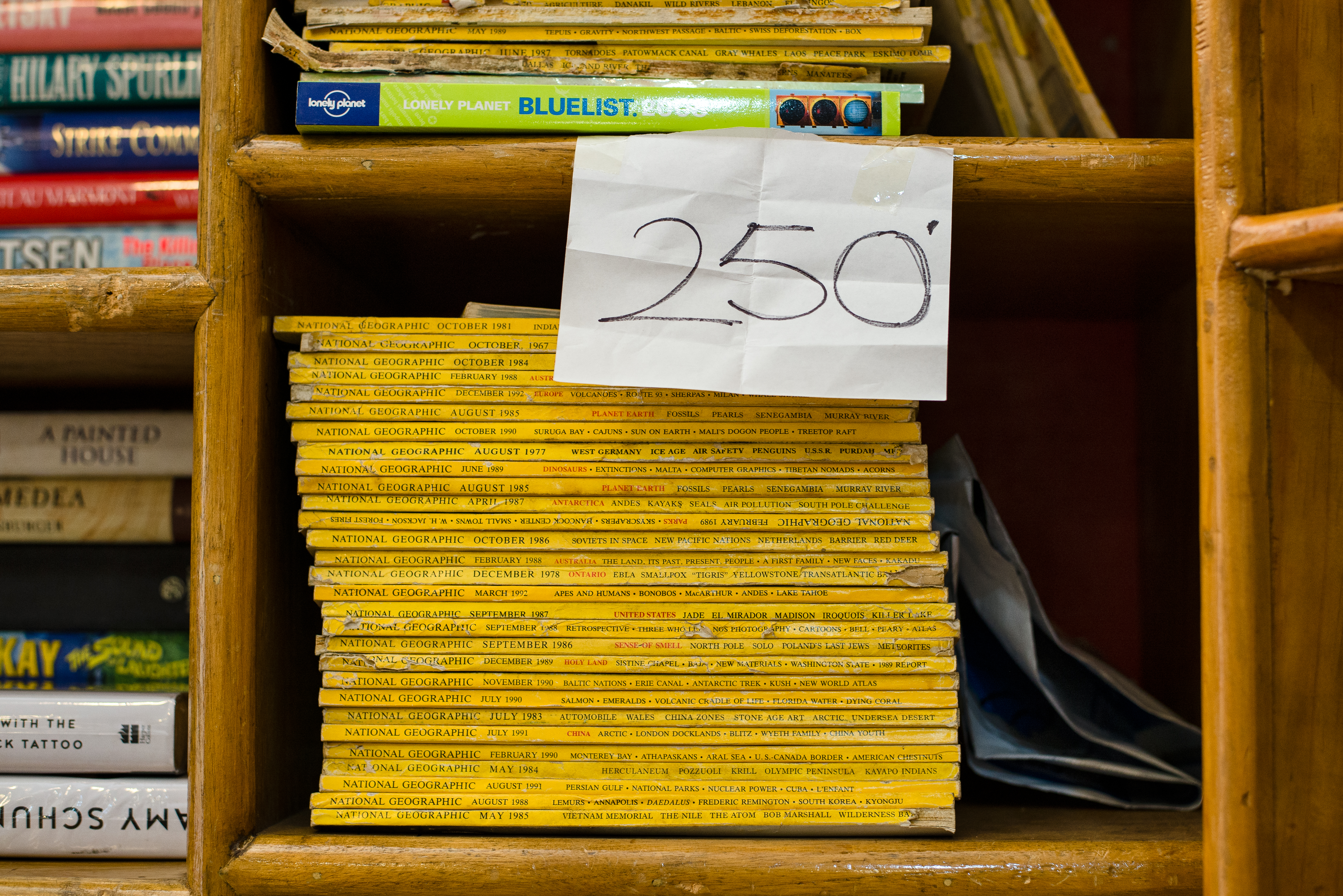 A stack of National Geographic magazines