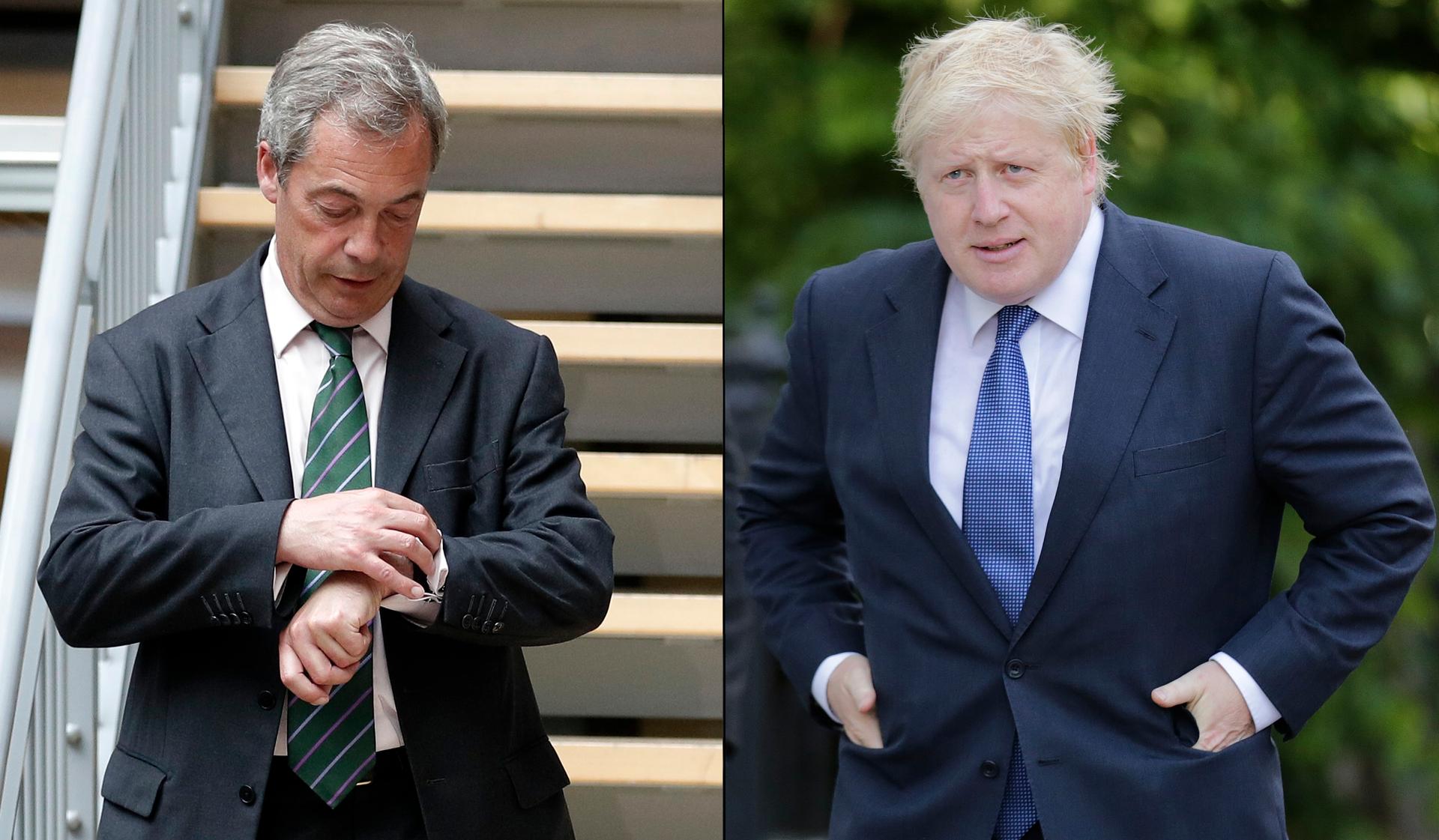 Nigel Farage (left) checks his watch during the first EU Summit in Brussels after the Brexit vote. Boris Johnson (right) leave his home in London. June 28, 2016. 