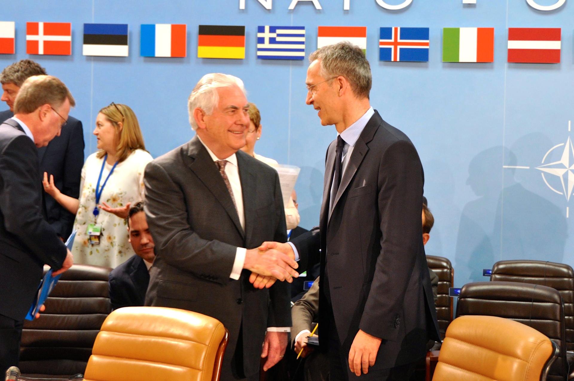 Secretary Tillerson Shakes Hands With NATO Secretary General Stoltenberg at NATO Foreign Ministerial in Brussels