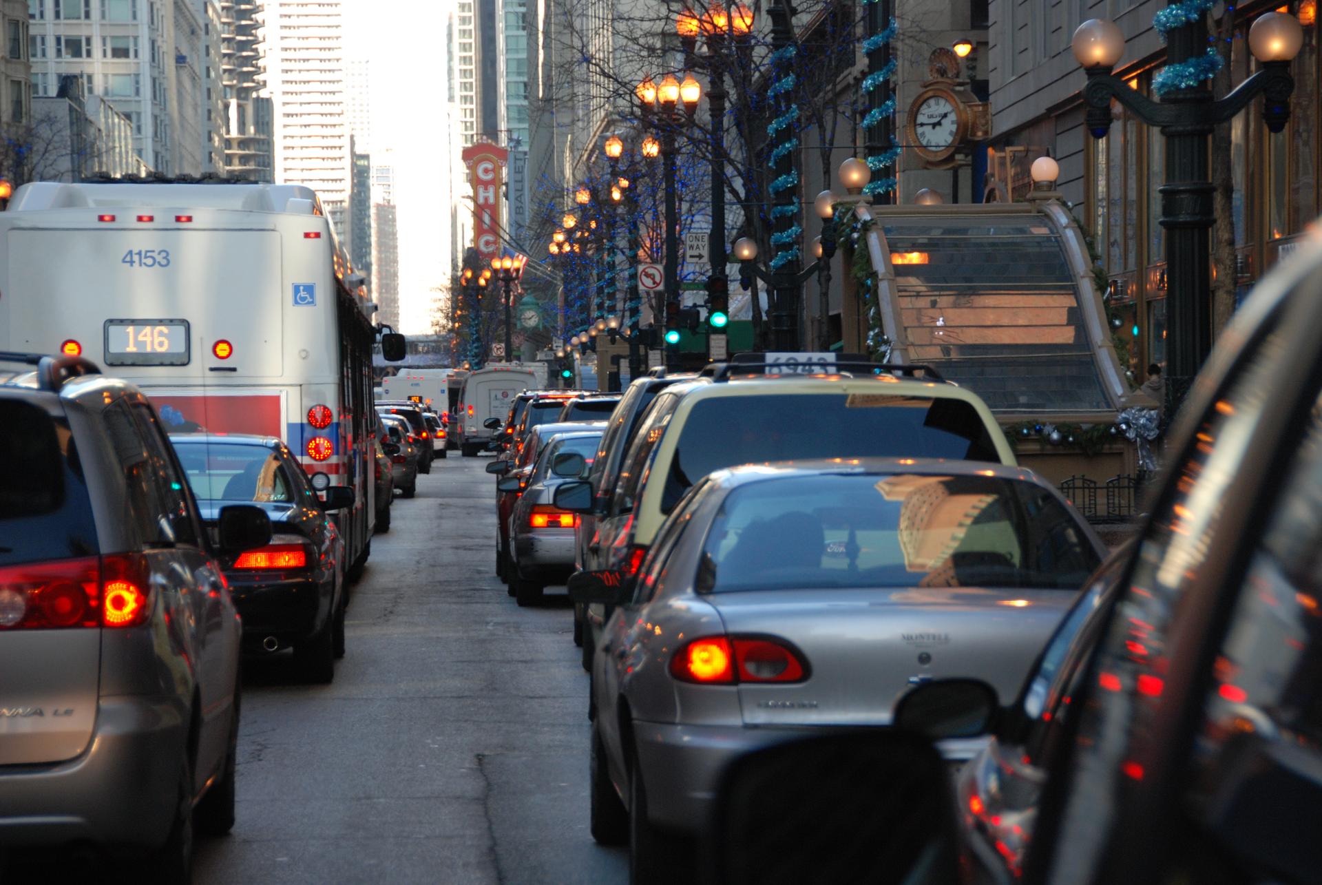 Nowhere for cars in downtown Chicago to go — even with green lights.