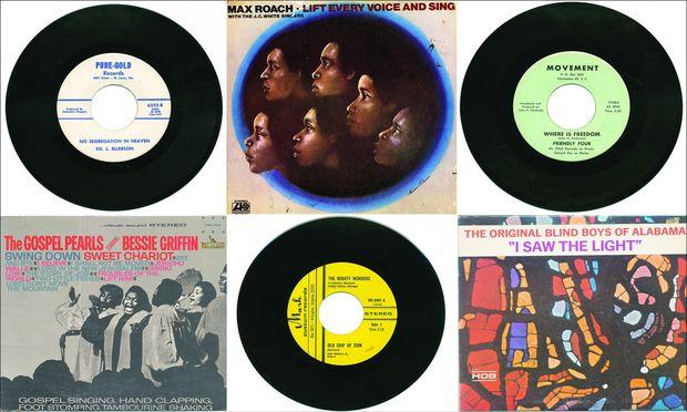 A selection of gospel records and album covers from the 1960s and '70s. Many gospel artists of this era used the B-sides of their 45s for civil rights anthems.