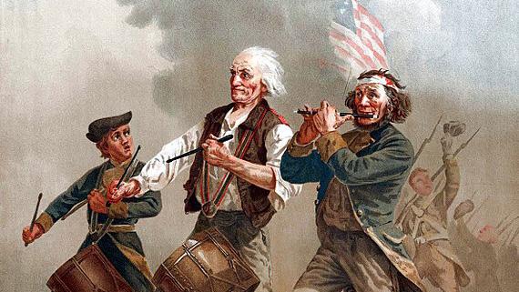 “The Spirit of ’76,” by Archibald Willard, which exemplifies the spirit of the citizen-nation in arms, with men of all ages stepping up when needed by their country, the antithesis of a professional, standing army, despised by the Founding Fathers