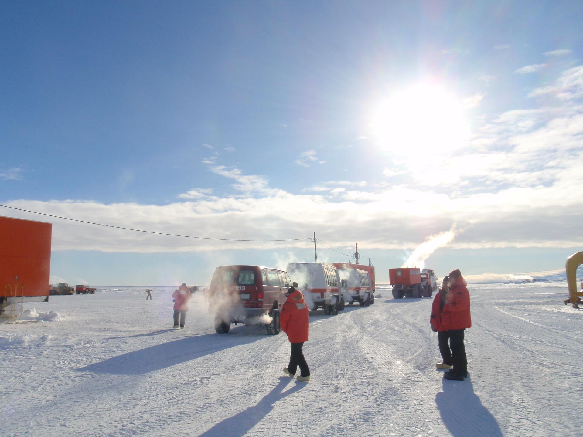 Shuttles idling near Pegasus Field, an airstrip that serves the McMurdo Station research facility on Antarctica's Ross Ice Shelf.