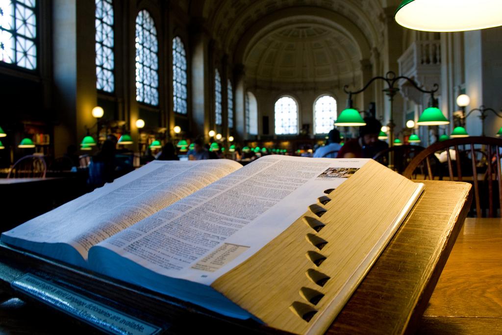 A dictionary on display in the Bates Reading Room at the main branch of the Boston Public Library.