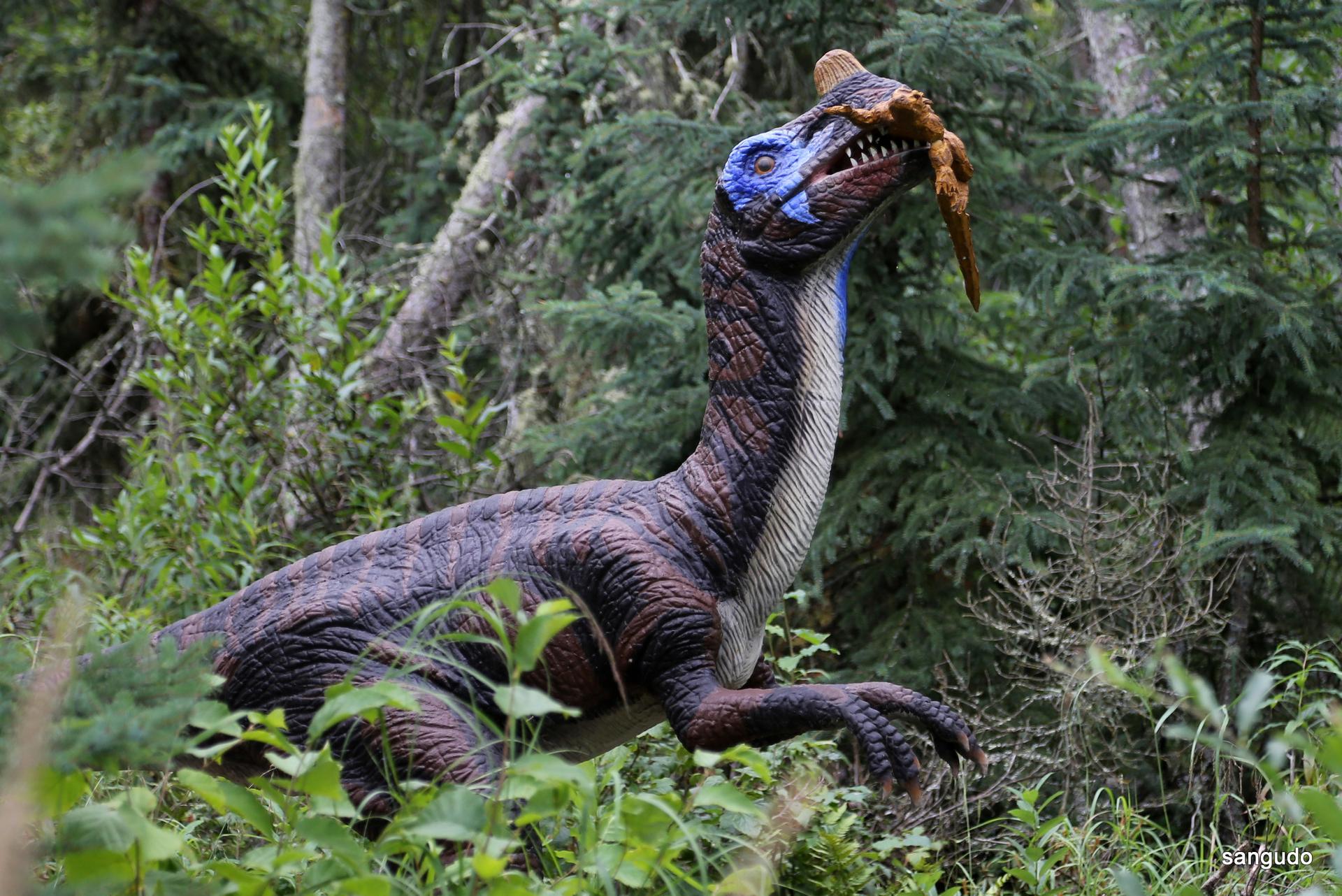 A dinosaur statue at the Jurassic Forest park in Alberta, Canada.