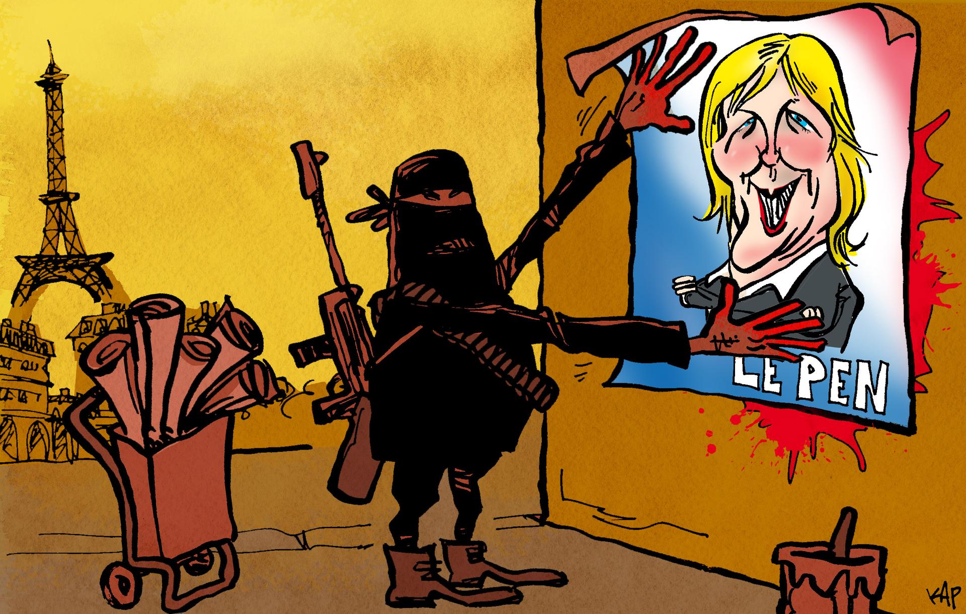 cartoon of ISIS militants putting up Marine LePen poster 