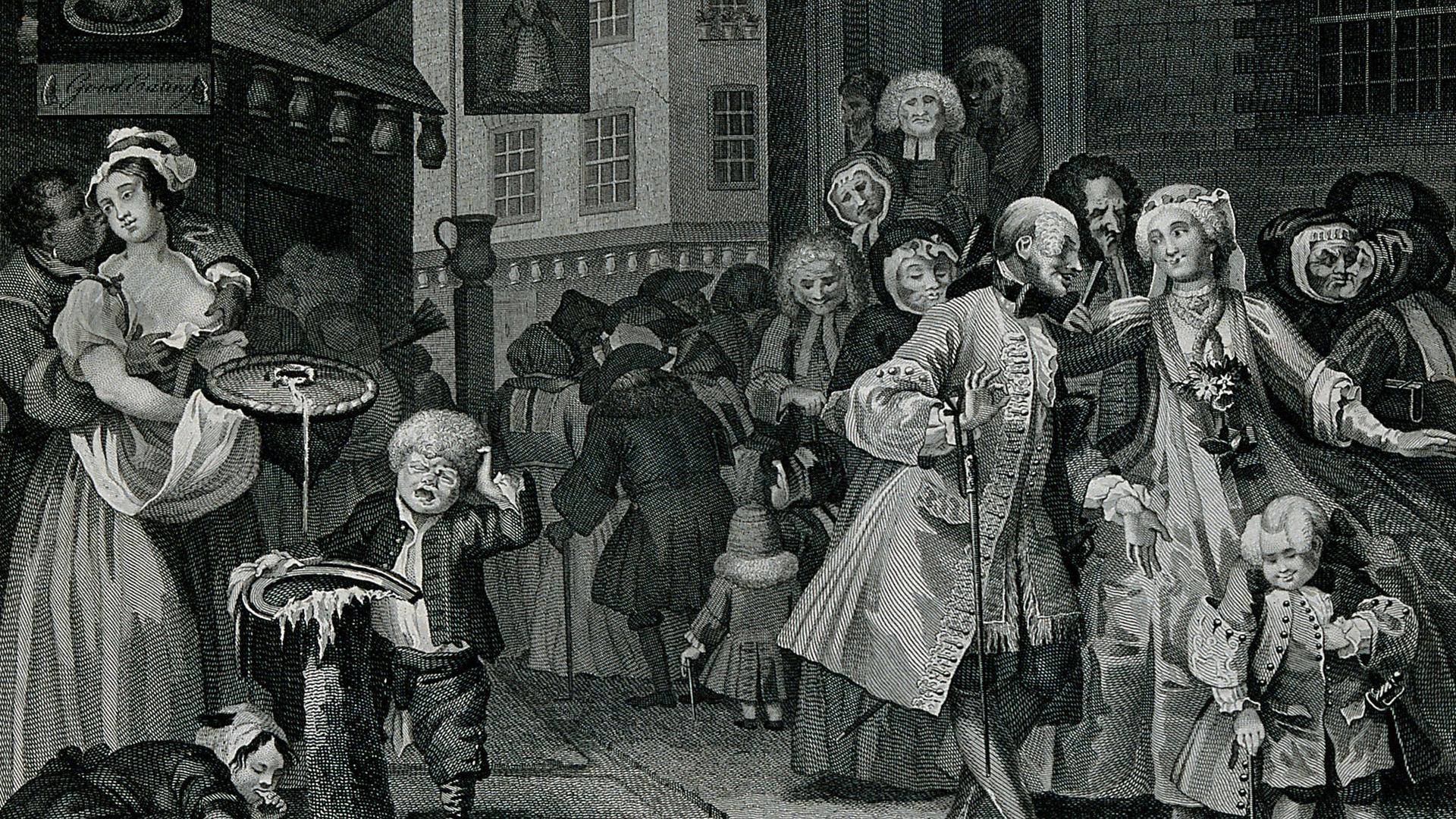 Pious Huguenots are shown leaving church in the squalor of London in William Hogarth's 'Noon'