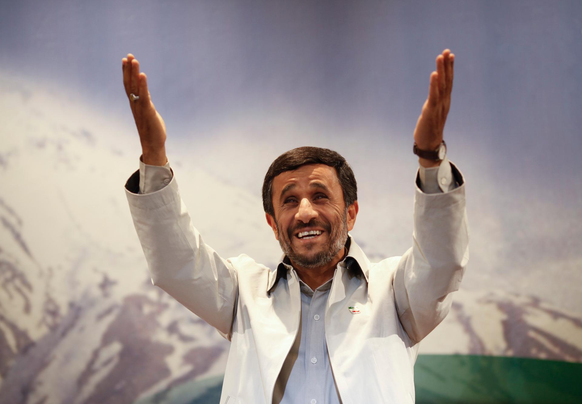 Iranian President Mahmoud Ahmadinejad attends his first news conference after Iran's presidential election in Tehran, on June 14, 2009.