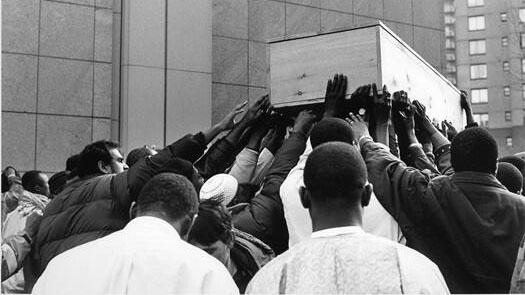 Dwayne R. Rodgers, an independent artist and curator in Brooklyn, took this photograph of Amadou Diallo's funeral procession in New York City in 1999. Rodgers was photographing a series on police brutality in the city.