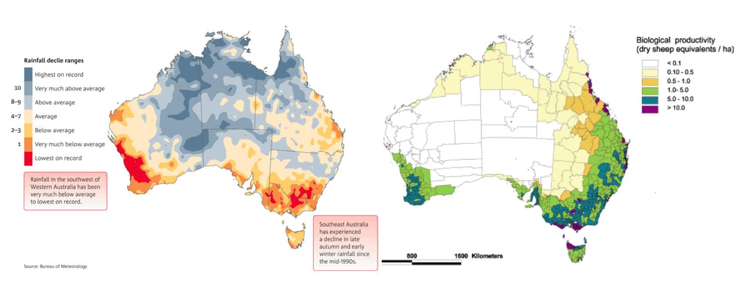 Southeastern and southwestern Australia have experienced some of the country’s most severe rainy season droughts over the last two decades (L). These are also some of the country’s most productive agricultural regions (R).