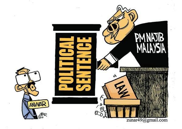 Malaysian cartoonist Zunar's last cartoon tweeted out before his arrest on February 10th in Kuala Lampur. The cartoon condemns Malaysia's judiciary for dismissing opposition leader Anwar Ibrahim's final appeal against a sodomy conviction and suggests Prim