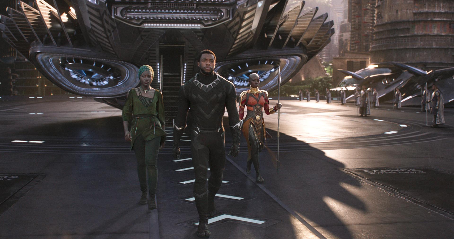 Marvel Studios’ “Black Panther.” L to R: Nakia (Lupita Nyong'o), T'Challa/Black Panther (Chadwick Boseman) and Okoye (Danai Gurira).