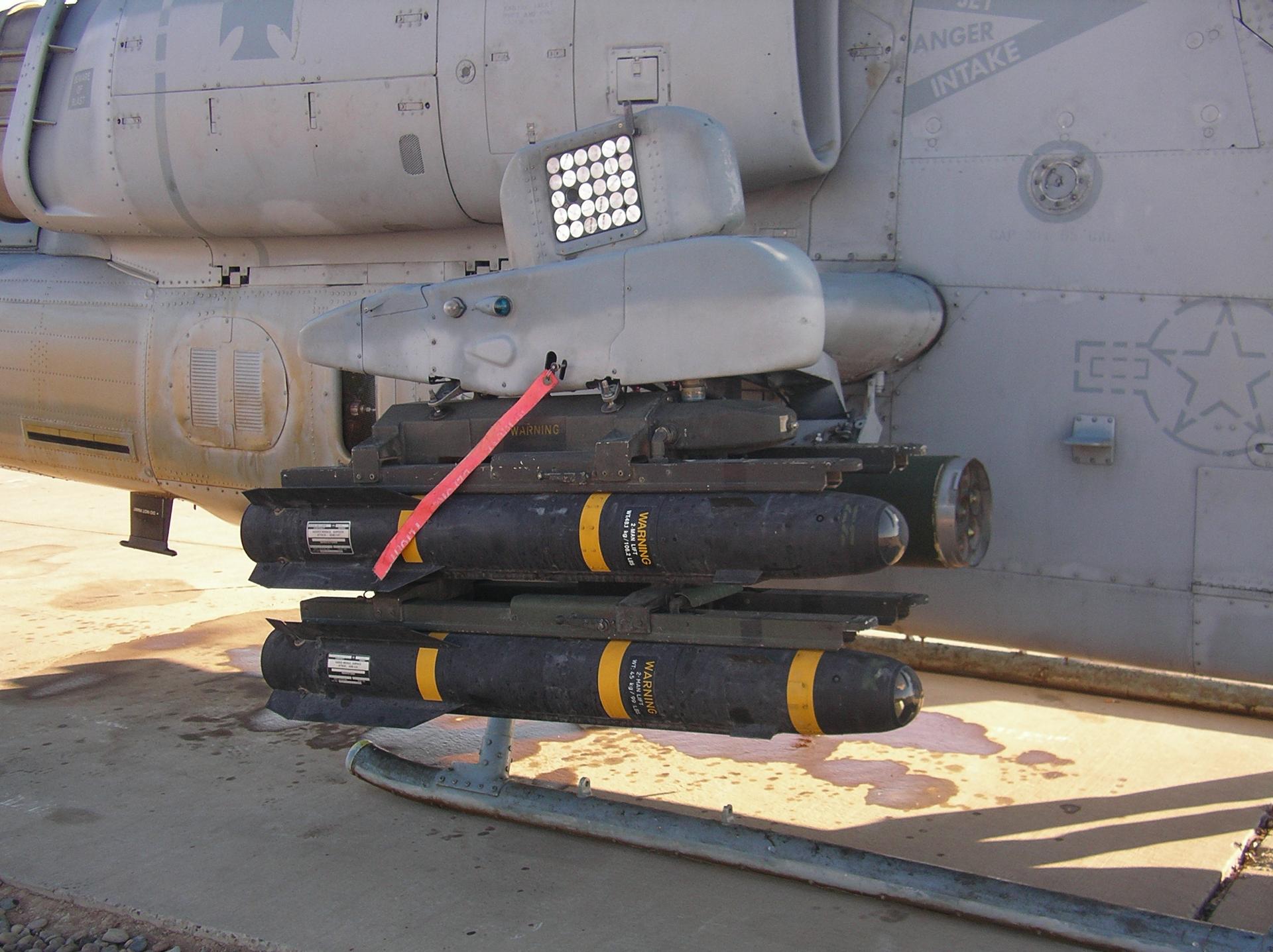 Hellfire missile loaded on a Bell AH-1 SuperCobra helicopter at Balad Air Base in Iraq in 2005.
