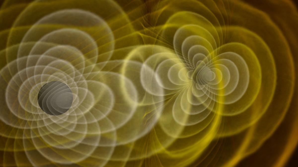 A frame from a simulation of the merger of two black holes and the resulting emission of gravitational radiation (colored fields, which represent a component of the curvature of space-time). The yellow areas near the black holes do not correspond to physi