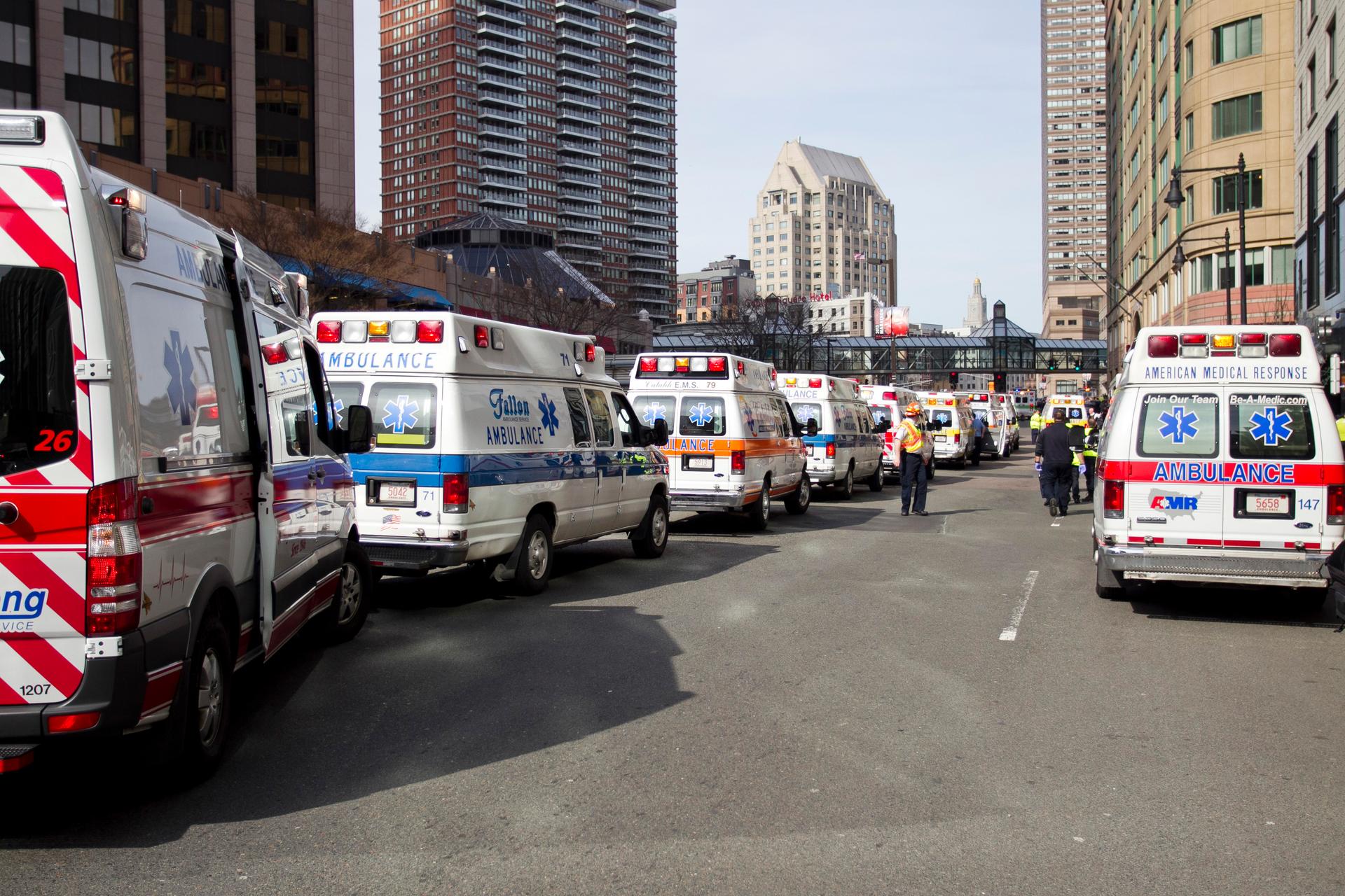 Ambulances line the street after bomb explosions interrupted the running of the 117th Boston Marathon in Boston.