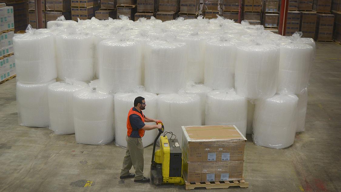 The Sealed Air Corporation was looking ways to reduce its greenhouse gasses — it started shipping bubble wrap that wasn’t’ yet inflated. Now one truck can deliver what up to 36 trucks used to haul. 