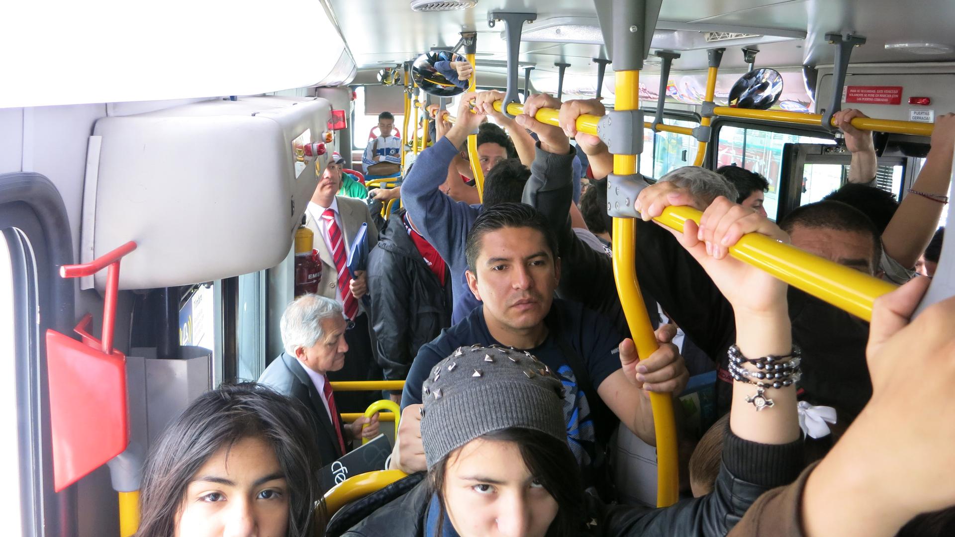 Standing passengers on a crowded bus in Bogotá might not feel so lucky, but at least they’re burning more calories than people who sit during the commute.