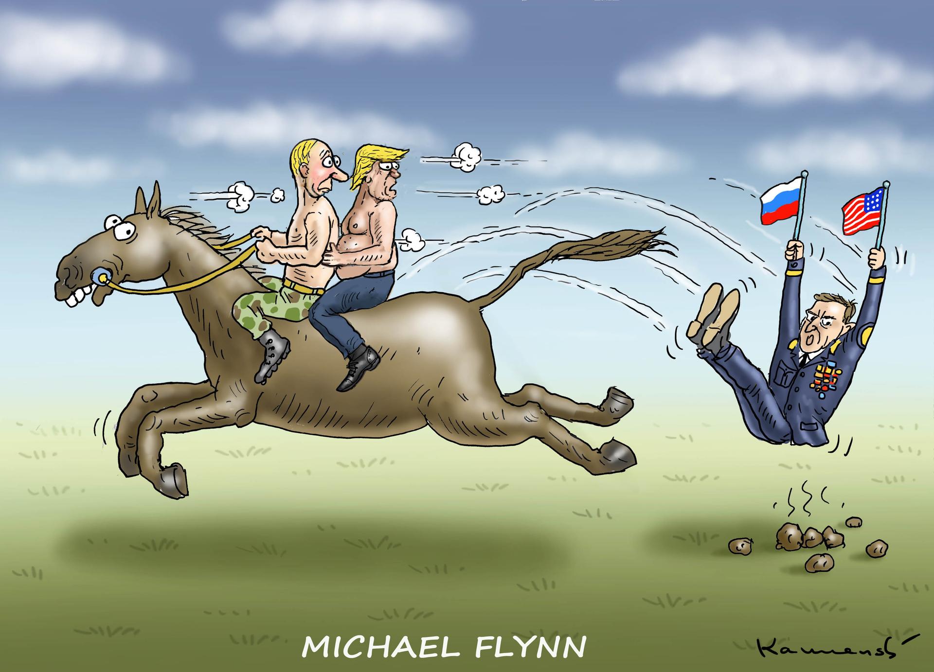 He's with us. He's with us. Oh dear, he's gone! Vladimir Putin and President Trump react to the resignation of Michael Flynn as National Security adviser.
