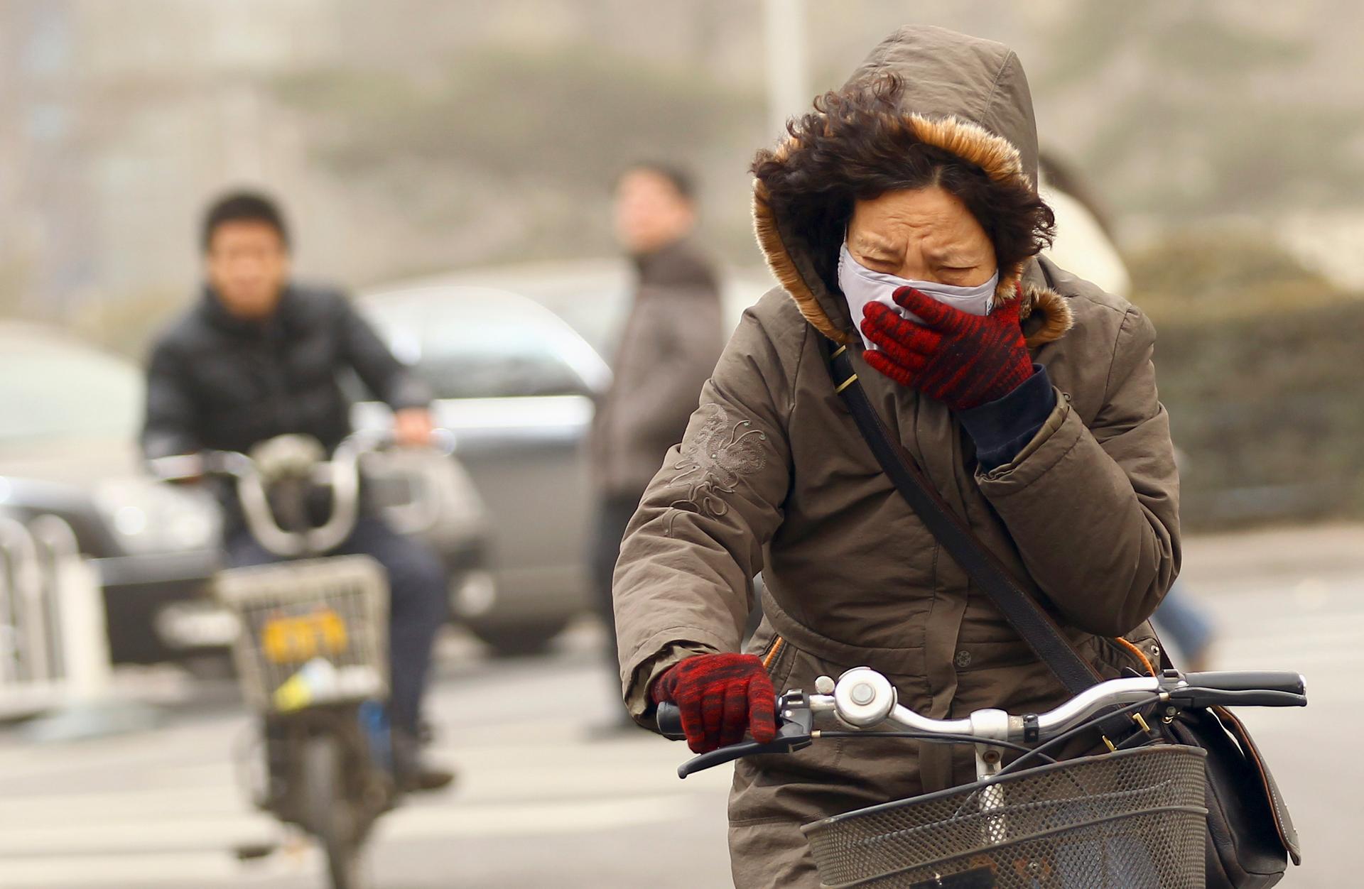 A woman wearing a mask rides her bicycle along a street on a hazy morning in Beijing, February 28, 2013. Beijing's environmental authorities said that day air quality in Beijing and nearby regions hit dangerous levels, Xinhua News Agency reported.