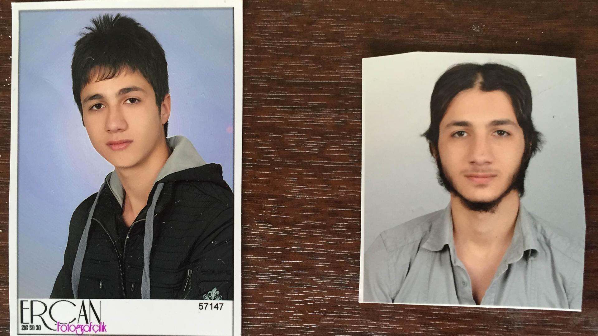 Two ID pictures of Orhan Gönder, taken a year apart. His family says they show the transformation of the teenager from a high school senior to an ISIS recruit.