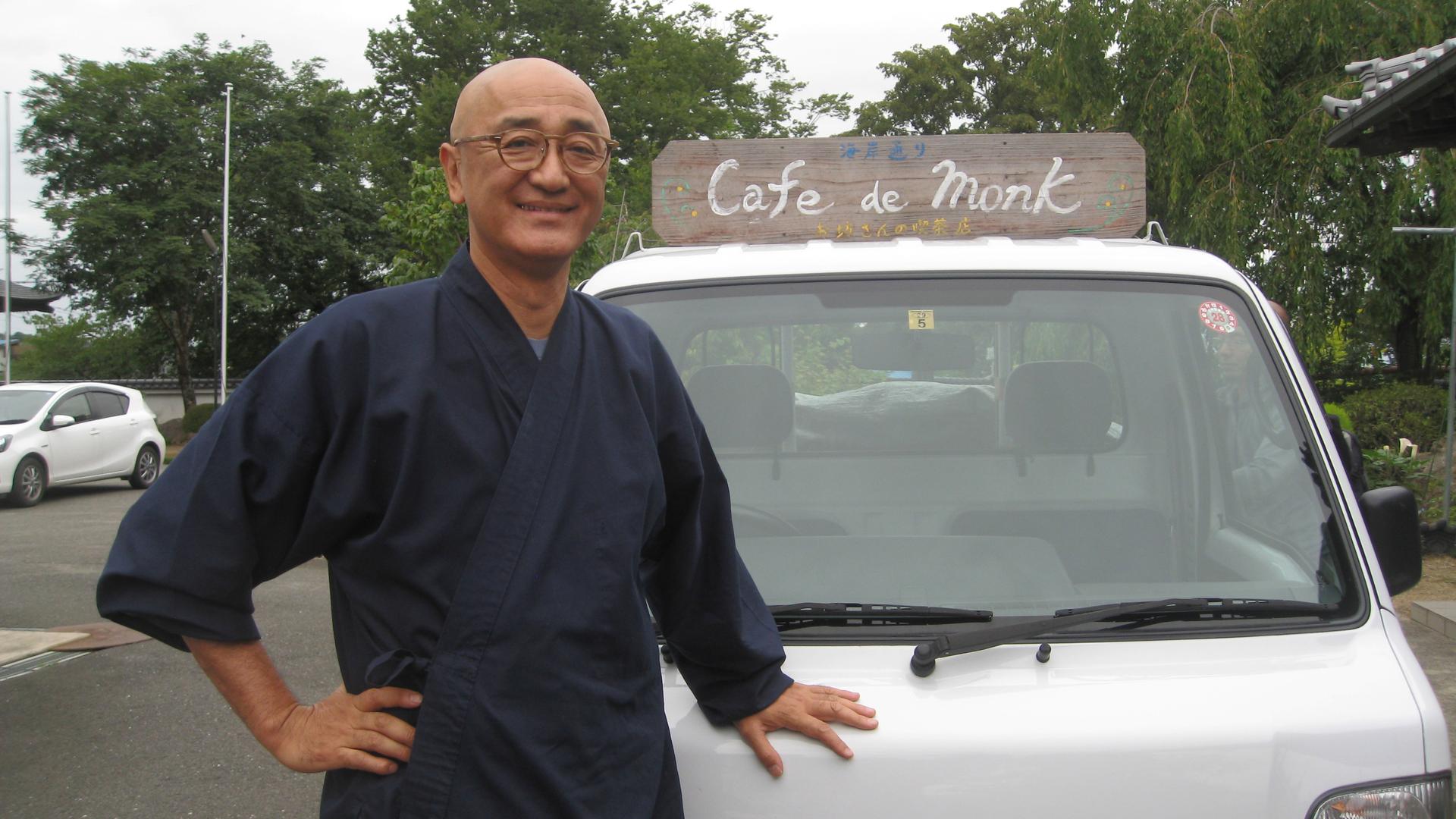Taio Kaneta with his signature "Cafe de Monk" truck that he uses for his pop-up cafes. As a Buddhist monk, Kaneta wanted to offer something special to those still reeling from the triple disaster of earthquake, tsunami and nuclear meltdown.