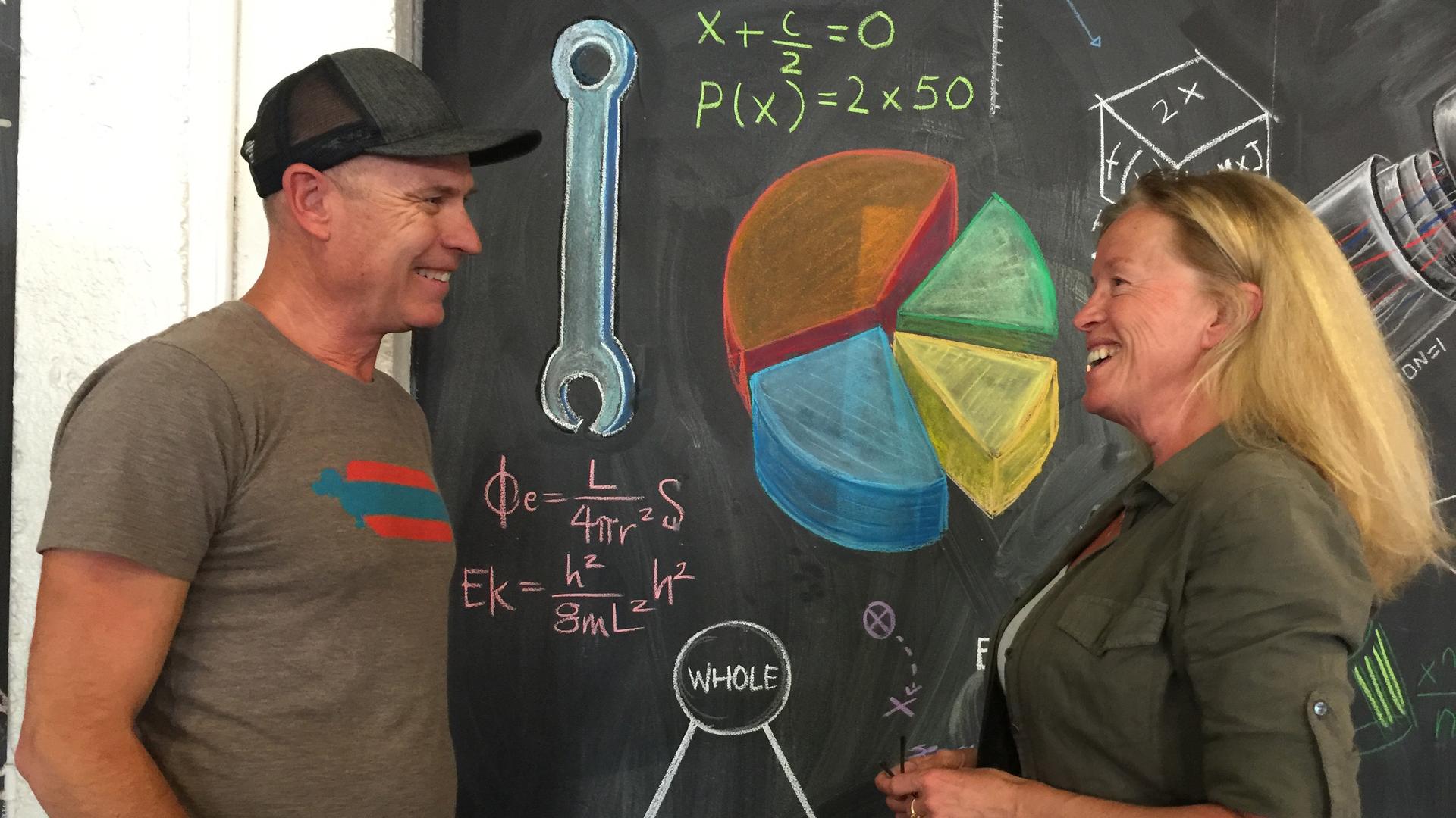 Explorers Tom and Tina Sjogren stand in front of a blackboard at a makers space.