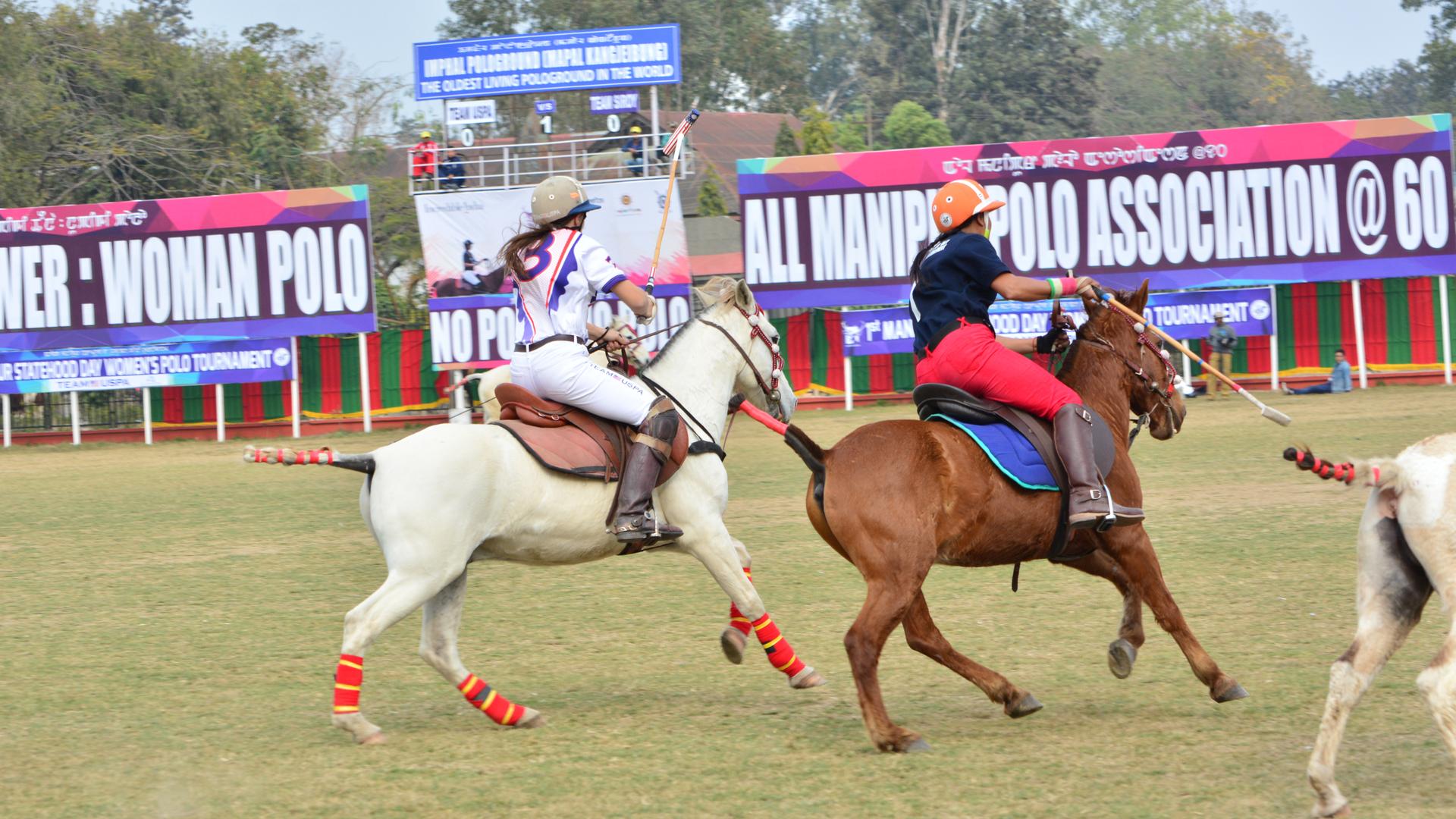American and Manipuri players particpate in the woman's polo tournament in Manipuri in January 2016. They're riding the native Manipuri ponies.