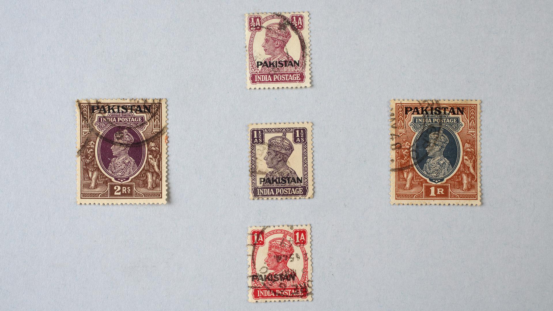 The newly created country of Pakistan continued to use stamps printed by the British, but stamped them with the name Pakistan, until new stamps could be printed.