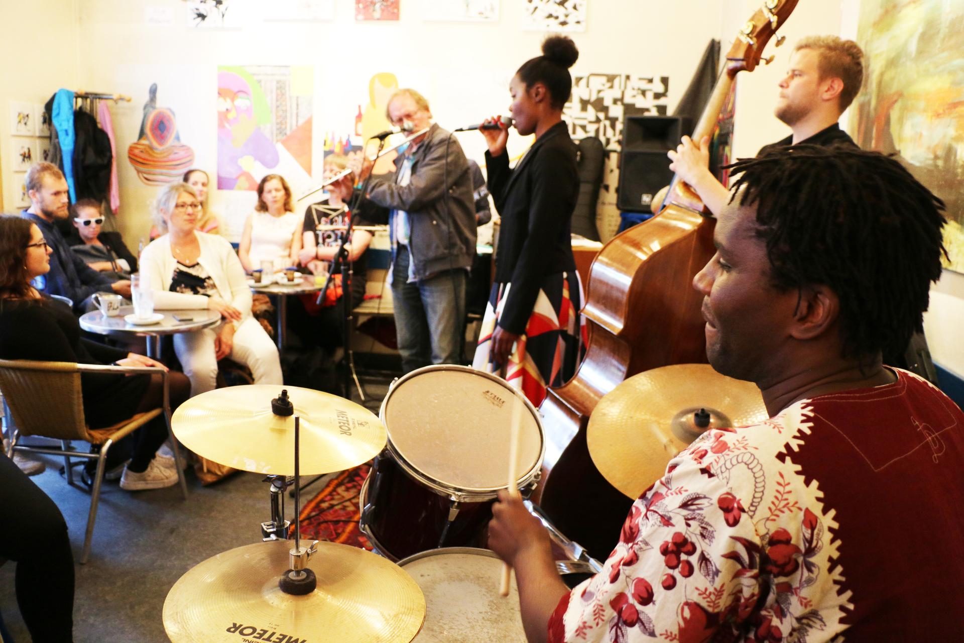 Musicians from Scandinavia and southern Africa play a jam session at a Danish café during the Copenhagen Jazz Festival this month. 