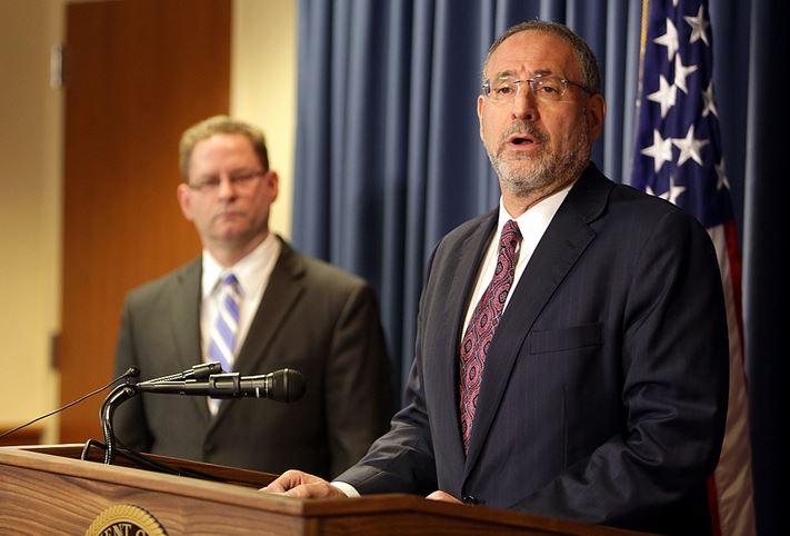 Andrew Luger, US Attorney for Minnesota, speaks during a news conference in Minneapolis on April 20, 2015. FBI Special Agent in Charge Richard Thornton stands at left.