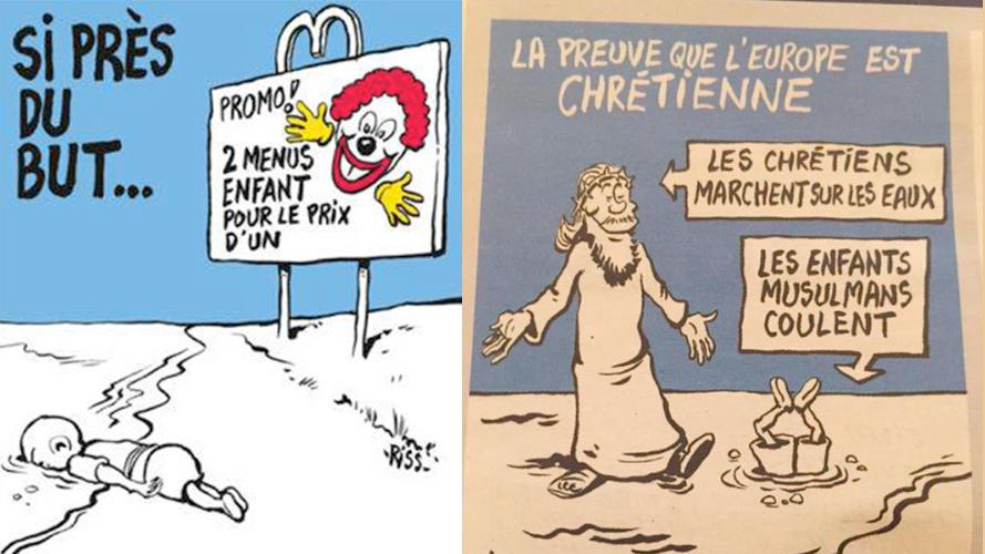 Two of the rejected covers that French magazine the Charlie Hebdo instead placed at the back of the issue.