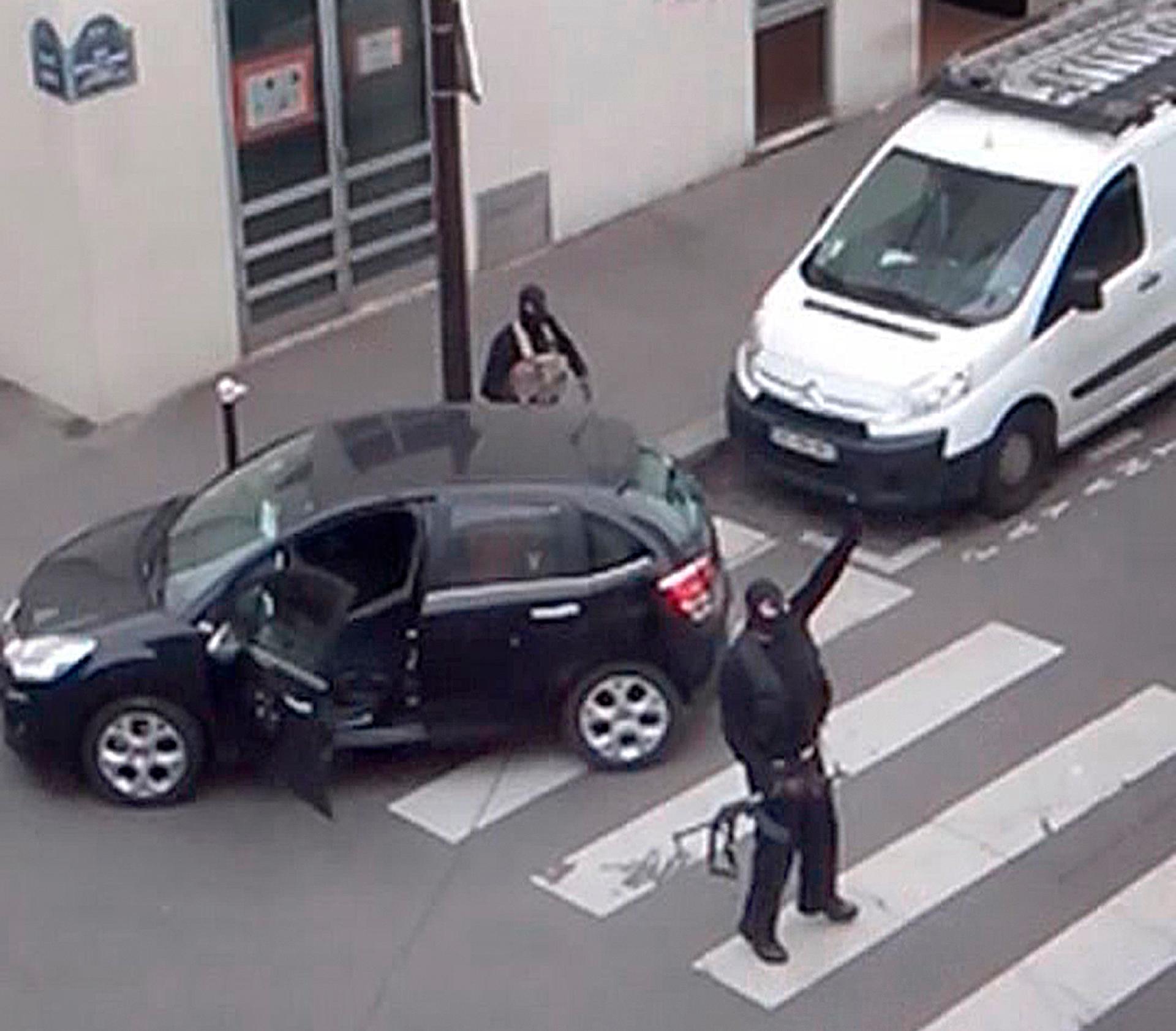 Said and Cherif Kouachi, the gunmen who killed twelve people during their attack on the offices of Charlie Hebdo, are seen in an image from an amateur video shot in Paris January 7, 2015. The Kouachi brothers were the children of Algerian immigrants to Fr