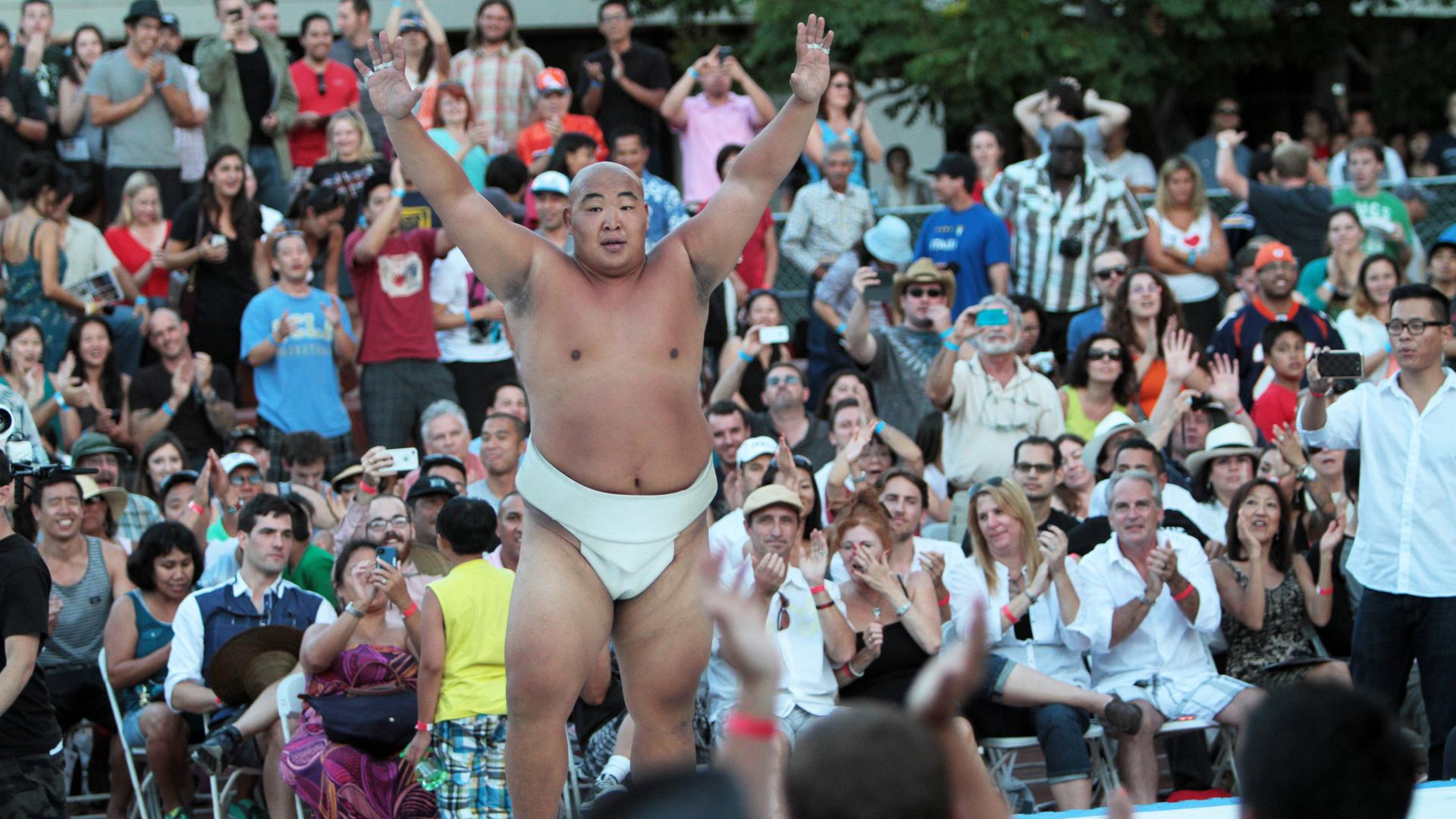 Byambajav Ulambayar, a four-time World Sumo champion, celebrates a win at last year's US Sumo Open.