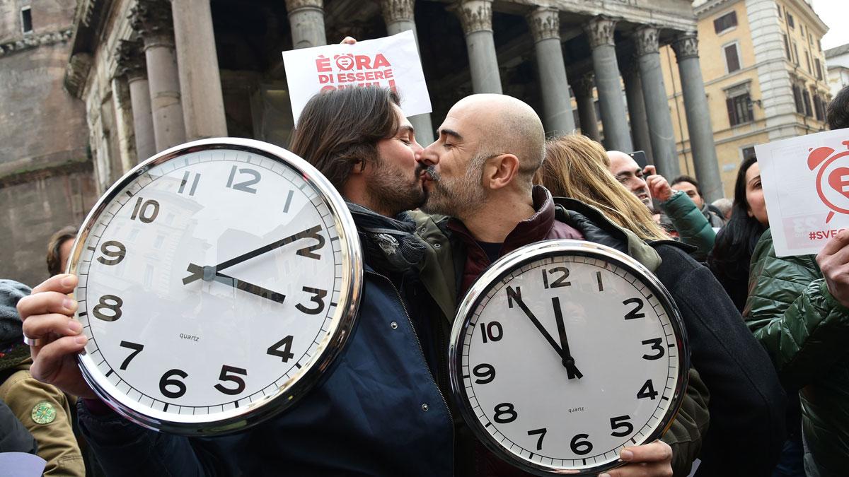 A couple kiss in front of the Pantheon during a demonstration of supporters of same-sex civil union in Rome. 