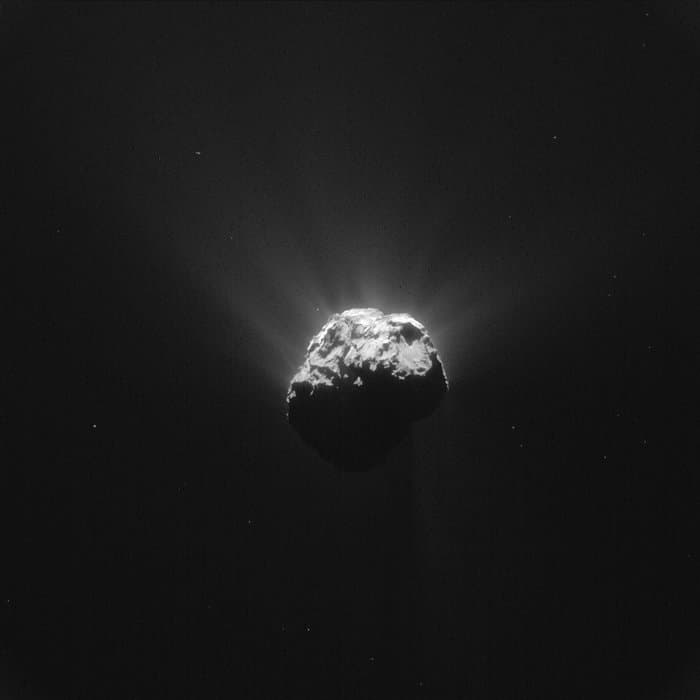 The image shows Comet 67P/Churyumov-Gerasimenko.Philae is thought to be resting just outside the rim, towards the top right in this image.