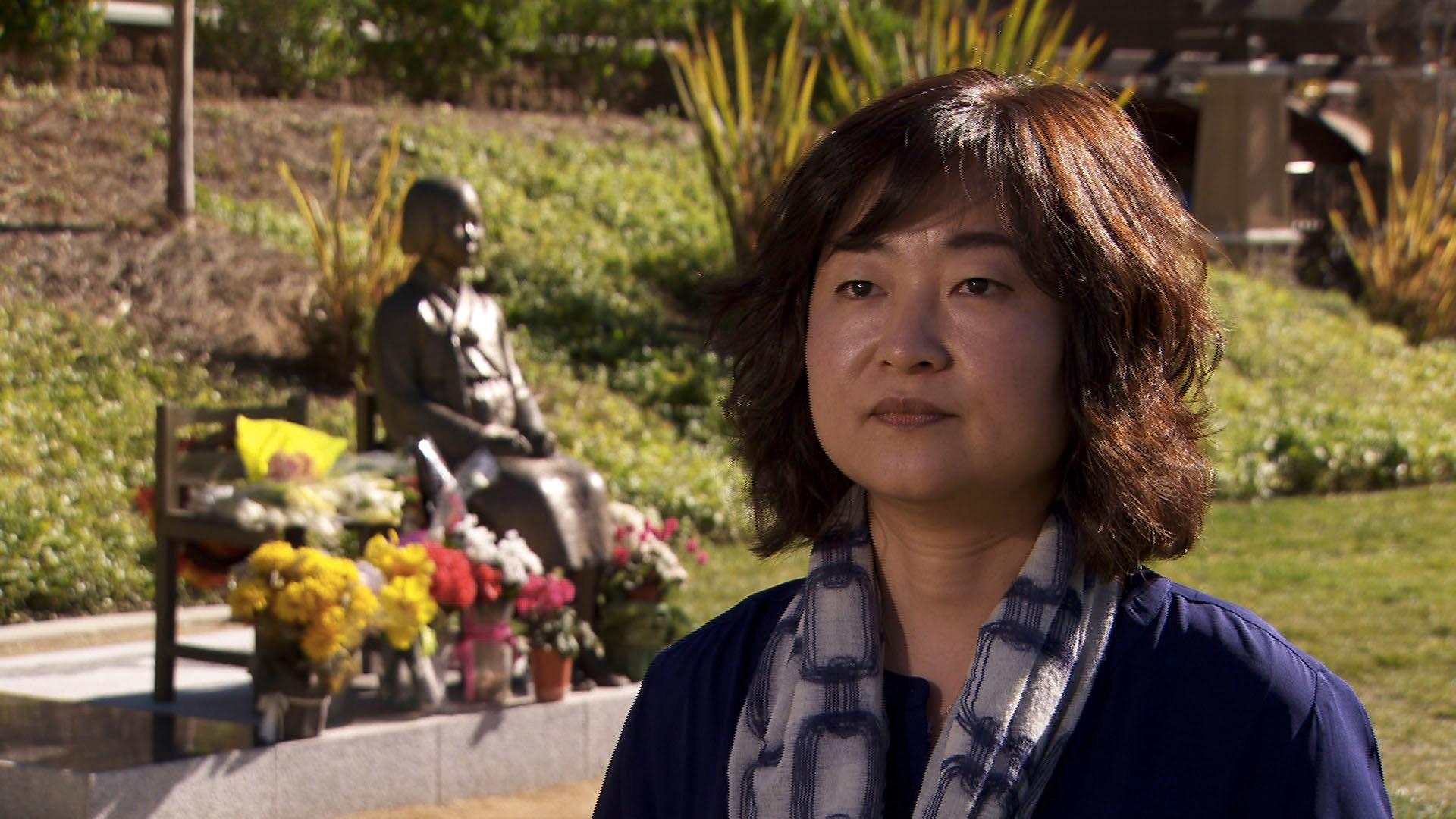 Korean American activist Phyllis Kim at the Glendale, California, memorial for "comfort women." 