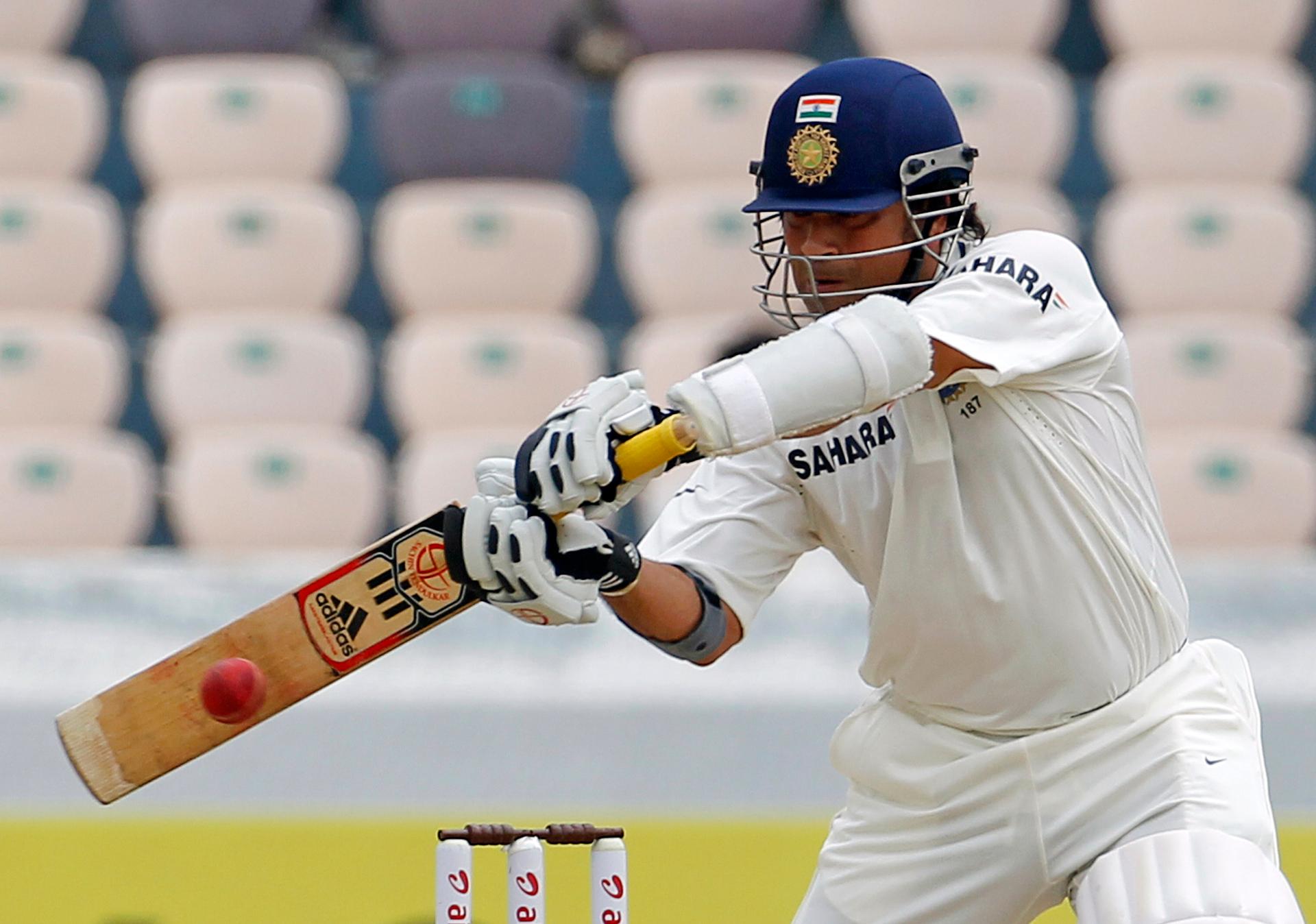 Sachin Tendulkar hits a shot during a match against New Zealand in Hyderabad, August 23, 2012. 