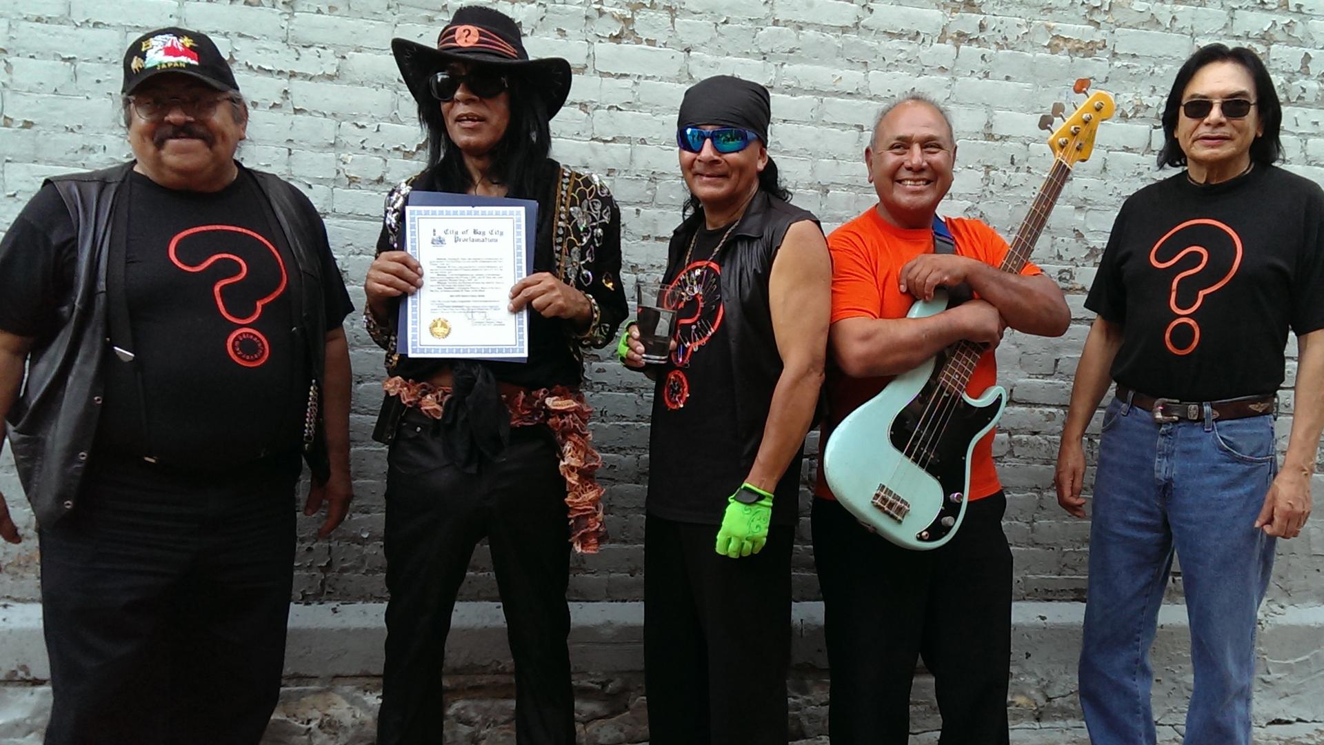 The surviving members of ? and the Mysterians, the day their 1966 hit '96 Tears' was proclaimed the official rock and roll song of Bay City, Michigan.   (From left to right, Frank Rodriguez, Question Mark, Robert Martinez, Frank Lugo, and Robert Lee Balde