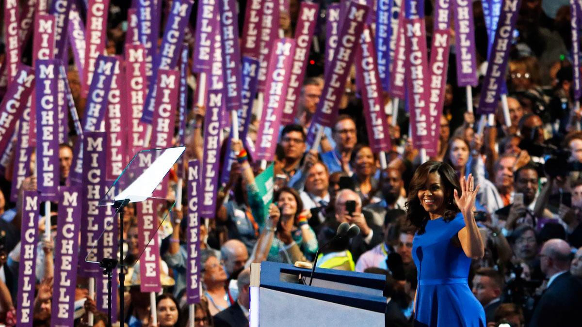 First Lady Michelle Obama addresses the Democratic National Convention in Philadelphia.