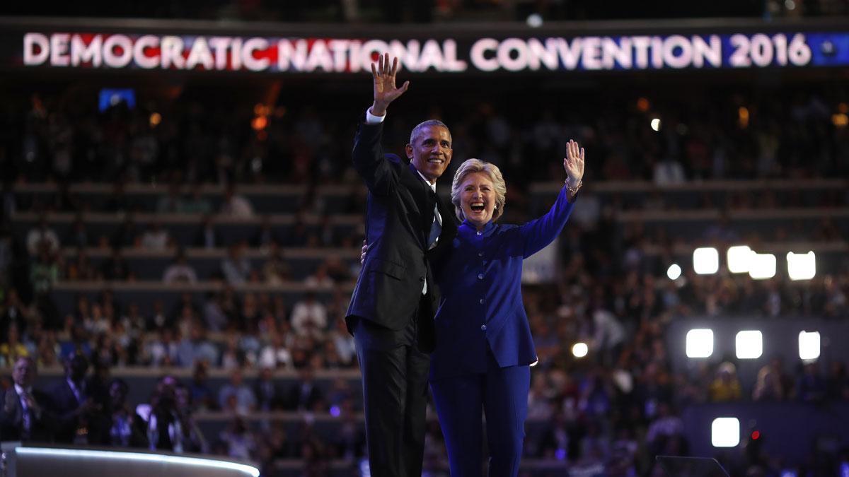 President Barack Obama and Democratic presidential nominee Hillary Clinton appear onstage together after his speech on the third night at the DNC.
