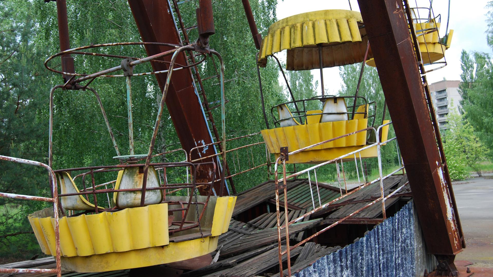 An old Ferris wheel in Pripyat. An amusement park was set to be opened May 1st, 1986, just days after the Chernobyl disaster.