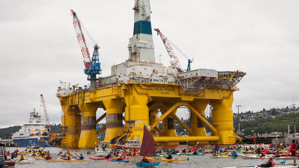 Demonstrators protest against Royal Dutch Shell near the Polar Pioneer oil drilling rig on May 16, 2015, in Seattle.