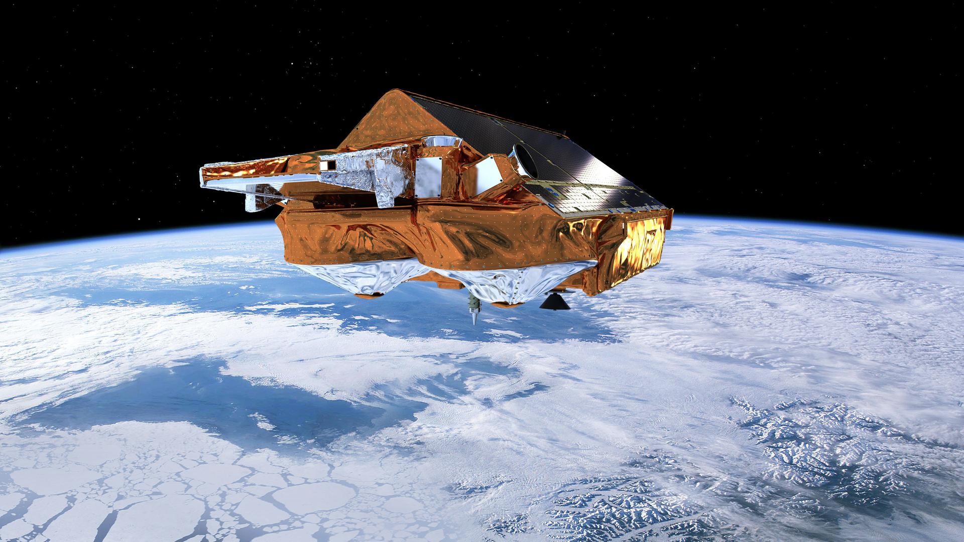 The European Space Agency’s Earth Explorer CryoSat makes precise measurements of changes in the thickness of marine ice floating in the polar oceans, as well as variations in the thickness of the ice sheets of Greenland and Antarctica.
