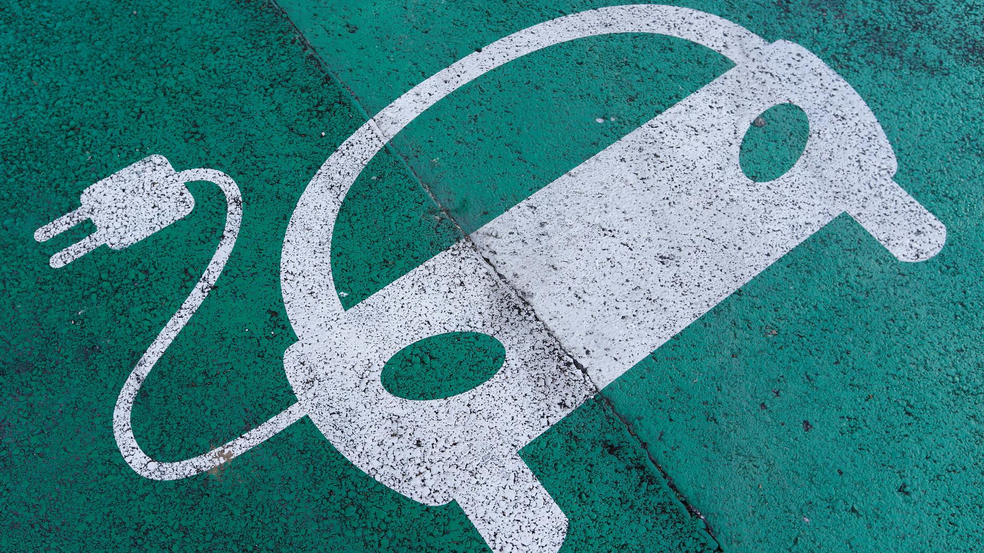 A sign for an electric car charging station at the United Nations in Geneva, Switzerland.