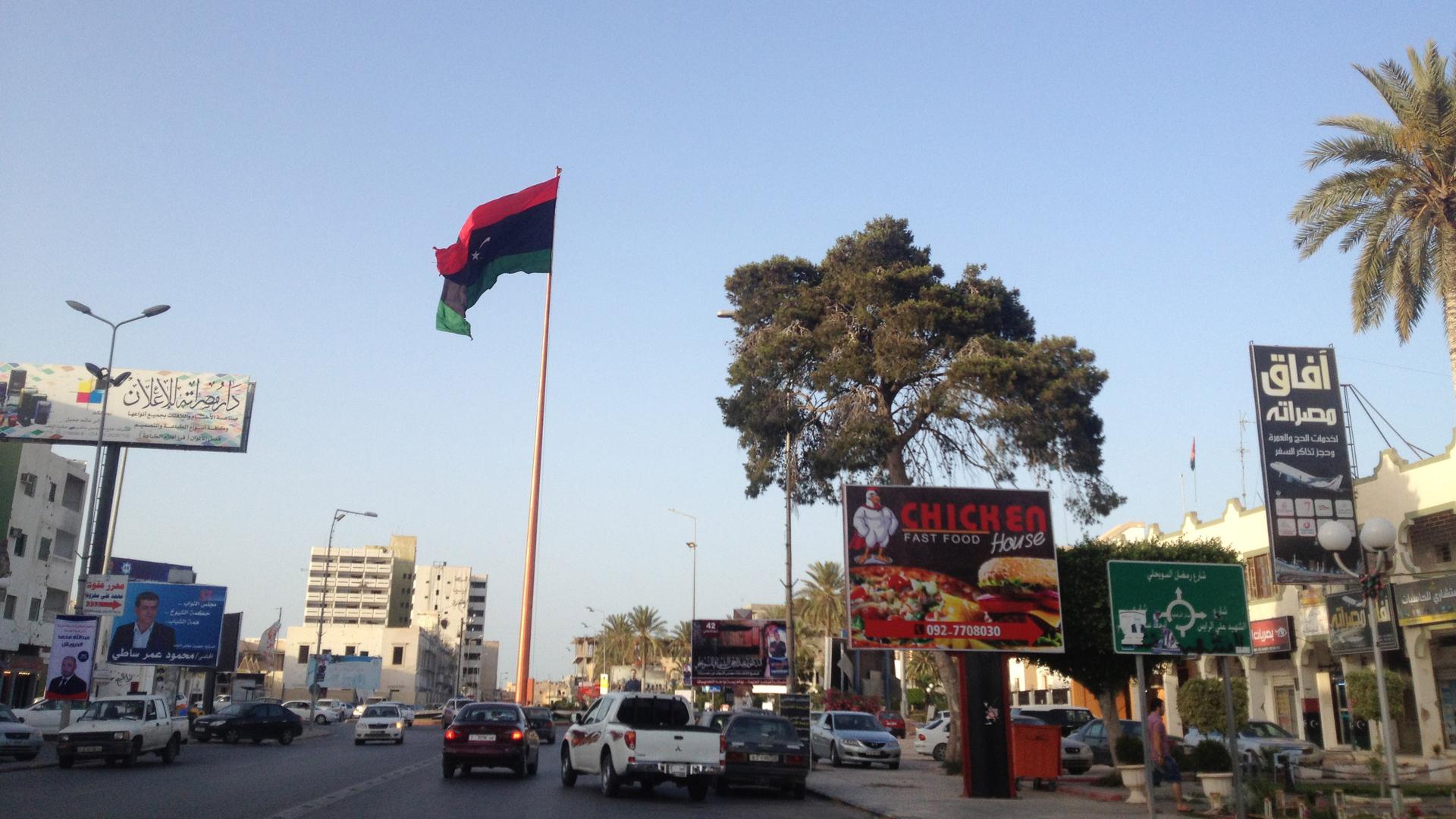 Misrata's main roundabout at Tripoli Street, the epicenter of the battle for Misrata in 2011. More than three years later it's a sign of the city's prosperity.